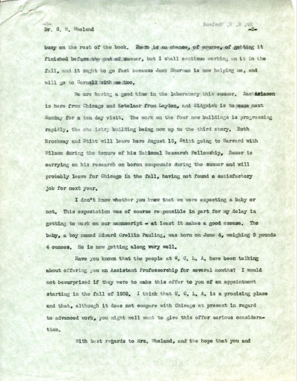 Letter from Linus Pauling to G.W. Wheland. Page 2. July 28, 1937
