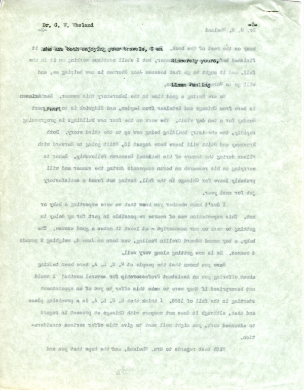 Letter from Linus Pauling to G.W. Wheland. Page 3. July 28, 1937