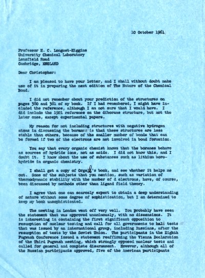 Letter from Linus Pauling to H. C. Longuet-Higgins. Page 1. October 10, 1961