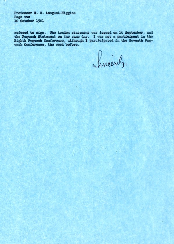 Letter from Linus Pauling to H. C. Longuet-Higgins. Page 2. October 10, 1961