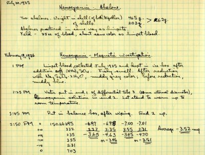 Notes re: Hemocyanin -- abalone. Page 56. July 30, 1935