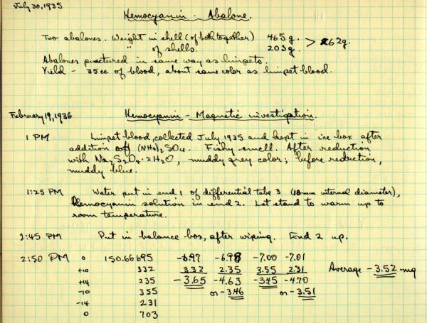 Notes re: Hemocyanin -- abalone. Page 56. July 30, 1935