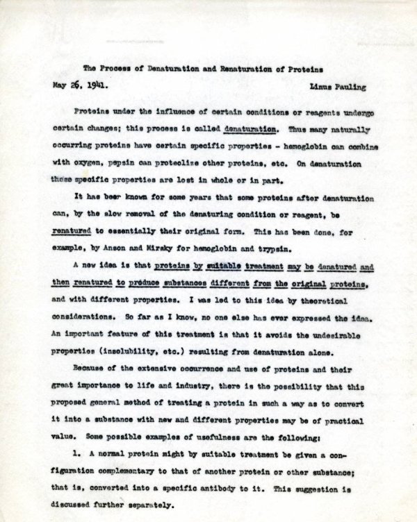 "The Process of Denaturation and Renaturation of Proteins." Page 1. May 26, 1941