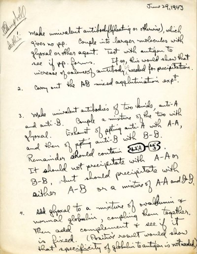 Notes re: laboratory experiments on antibodies and antigens. Page 1. June 29, 1943