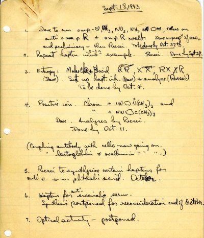 Notes re: laboratory research on antibodies and antigens. Page 1. September 18, 1943