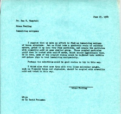Memorandum from Linus Pauling to Dan H. Campbell. Page 1. June 27, 1944