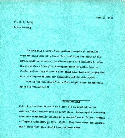 Memorandum from Linus Pauling to Robert Corey. Page 1. June 12, 1944