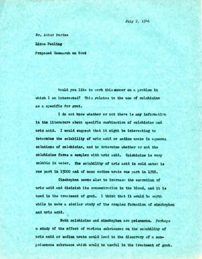 Memorandum from Linus Pauling to Arthur Pardee. Page 1. July 2, 1946