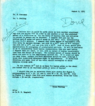 Memorandum from Linus Pauling to David Pressman. Page 1. August 2, 1943