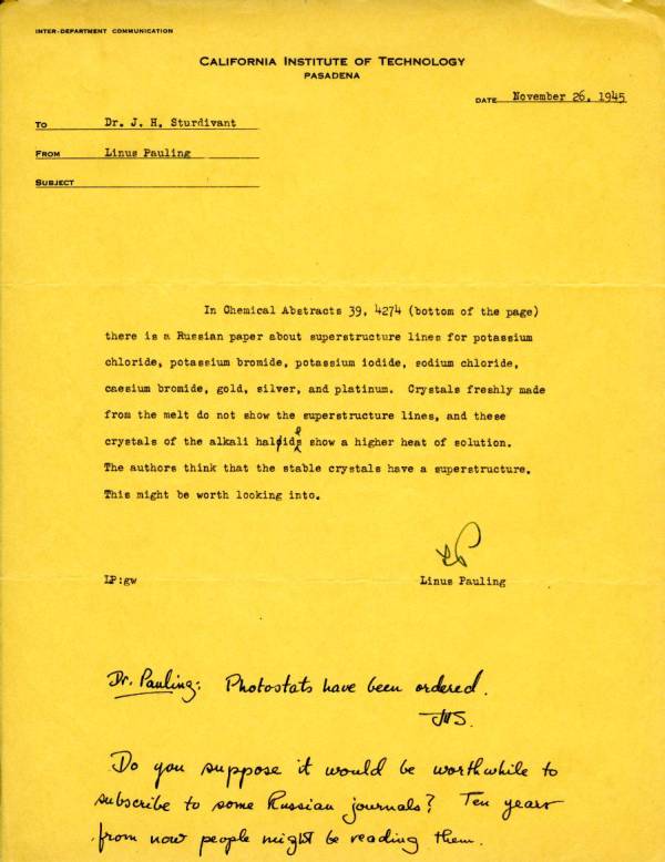 Memorandum from Linus Pauling to J. Holmes Sturdivant. Page 1. November 26, 1945
