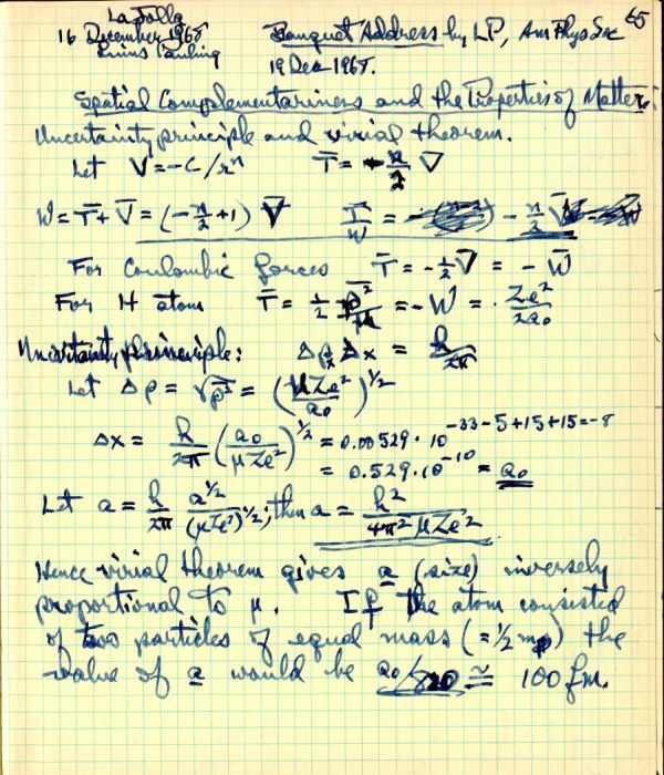 Notes re: Spatial Complementariness and the Properties of Matter. Page 65. December 19, 1968