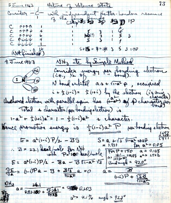 Notes re: Nature of Valence State; NH3, etc. by Simple Method. Page 1. June 5, 1963