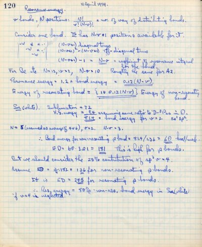 Notes re: Resonance energy. Page 120. April 11, 1954