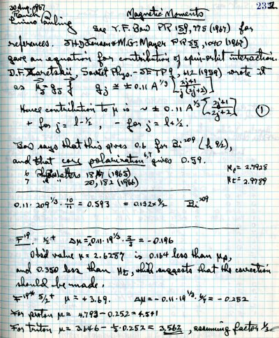 Notes re: Magnetic Moments. Page 232. August 30, 1967