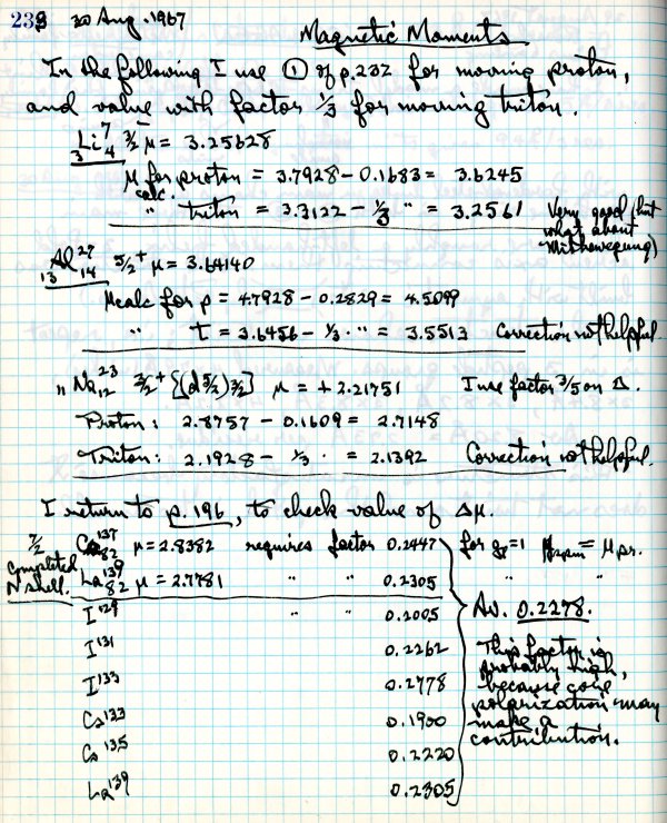 Notes re: Magnetic Moments. Page 233. August 30, 1967