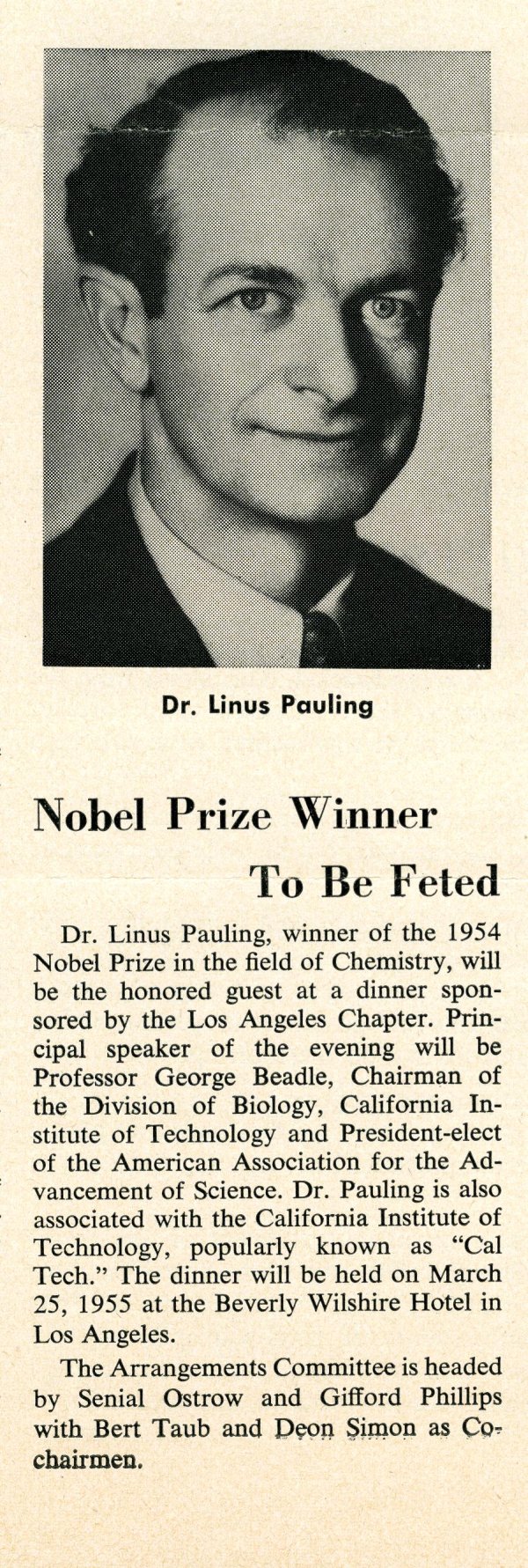 "Nobel Prize Winner to be Feted" Page 1. April 1955