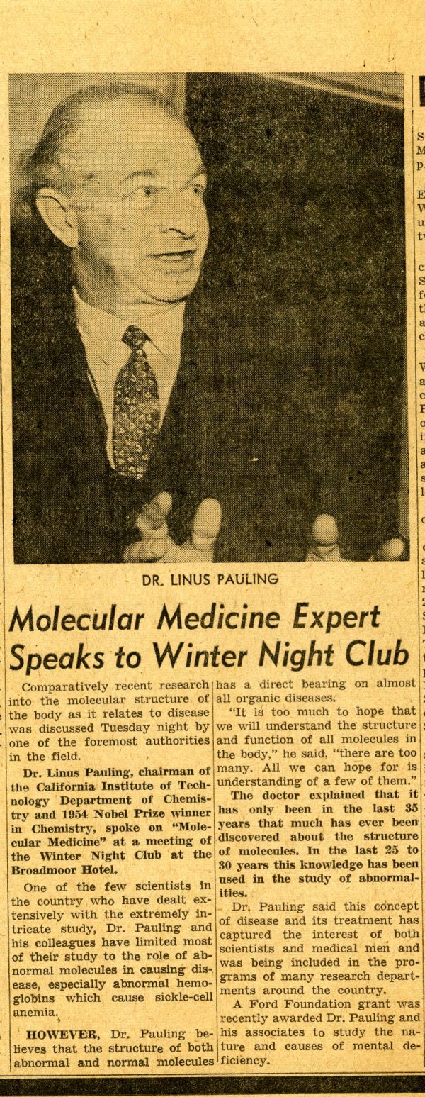 "Molecular Medicine Expert Speaks to Winter Night Club." Page 1. April 24, 1957