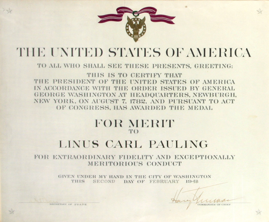Presidential Medal for Merit February 2 1948 Certificate Linus