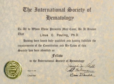 International Society of Hematology, Certificate of Fellowship. Certificate. August 25, 1948