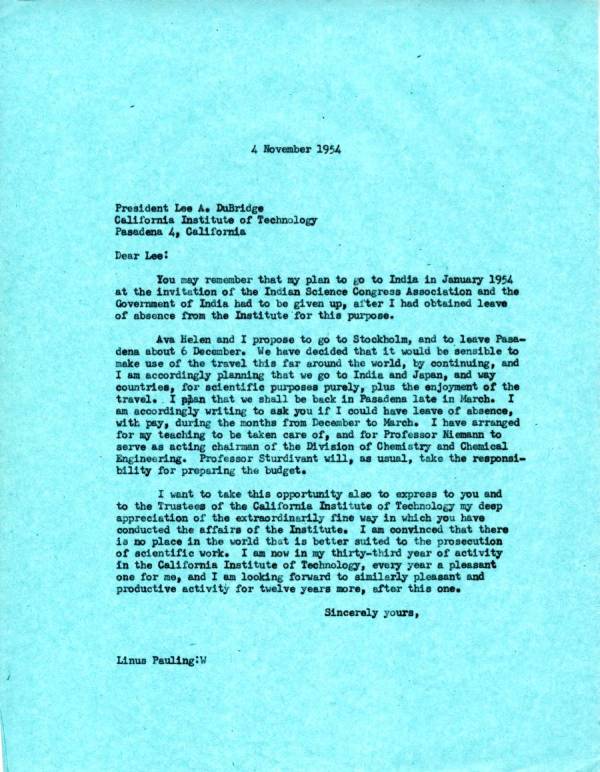 Letter from Linus Pauling to Lee DuBridge. Page 1. November 4, 1954