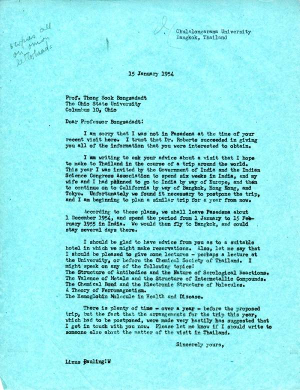 Letter from Linus Pauling to Thong Sook Bongsadadt. Page 1. January 15, 1954