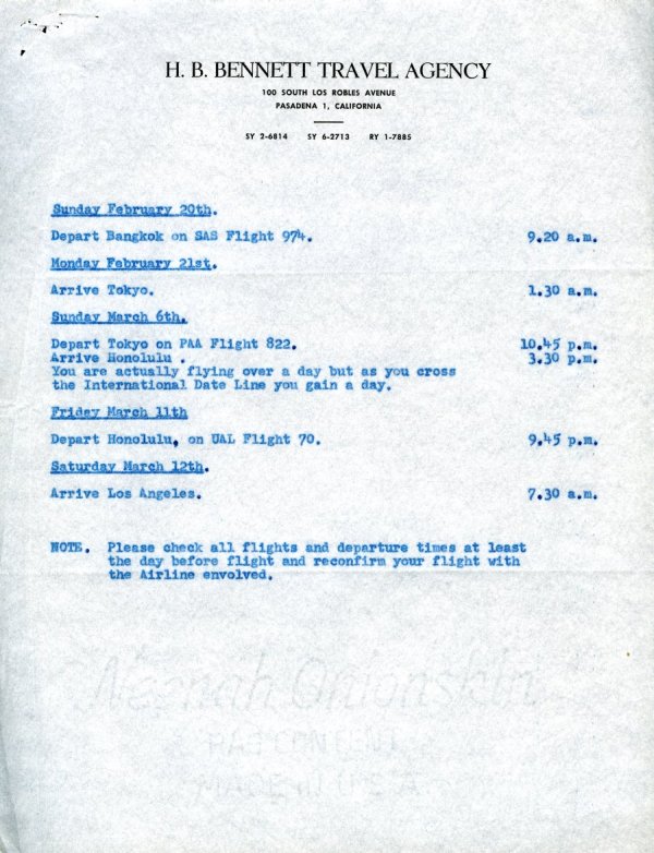 Itinerary for Linus and Ava Helen Pauling's trip around the world. Page 2. February - March 1955