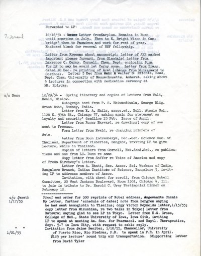 Compendium of notes by Beatrice Wulf, prepared for Linus Pauling. Page 1. February 16, 1955