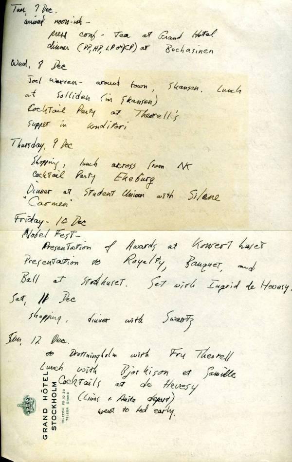 Itinerary for Crellin Pauling's Nobel trip to Sweden. Page 1. December 7, 1954