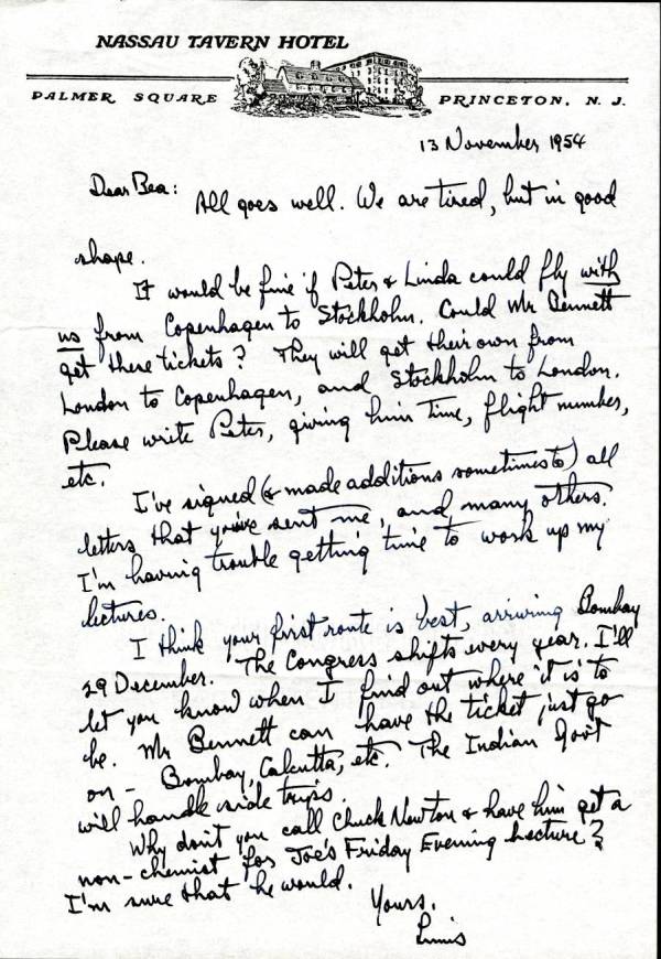 Letter from Linus Pauling to Beatrice Wulf. Page 1. November 13, 1954