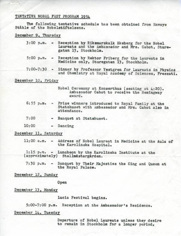 Itinerary for Linus Pauling's Nobel trip to Sweden. Page 1. December 9, 1954