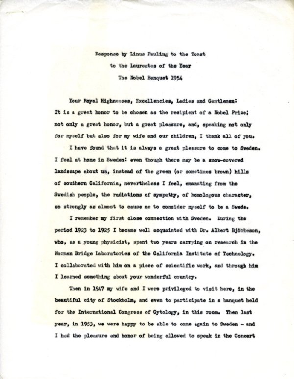 Response by Linus Pauling to the Toast to the Laureates of the Year, The Nobel Banquet. Page 1. December 10, 1954