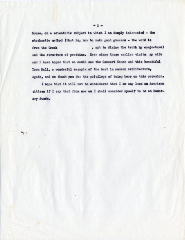 Response by Linus Pauling to the Toast to the Laureates of the Year, The Nobel Banquet. Page 2. December 10, 1954