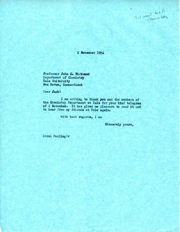 Letter from Linus Pauling to John G. Kirkwood. Page 1. November 2, 1954