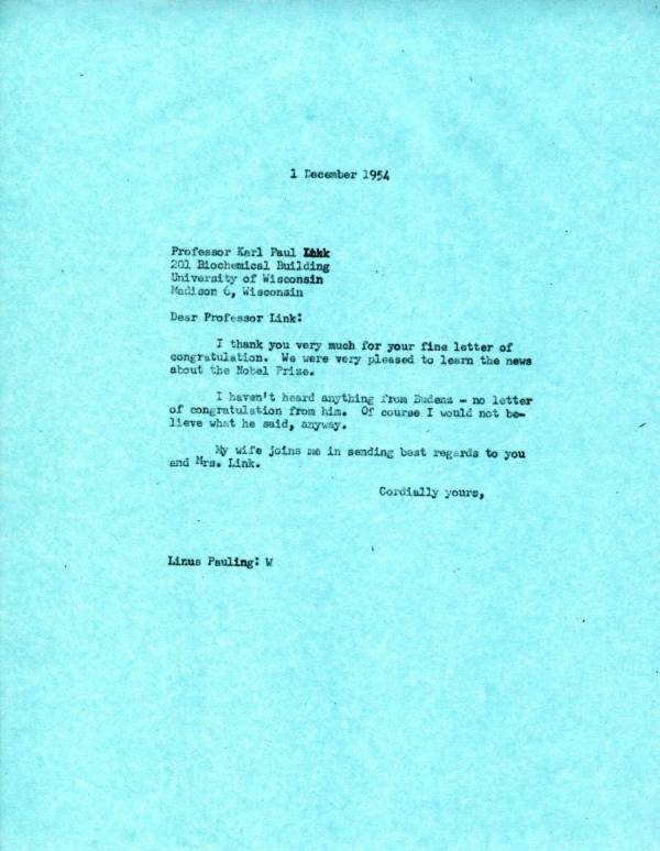 Letter from Linus Pauling to Karl Paul Link. Page 1. December 1, 1954