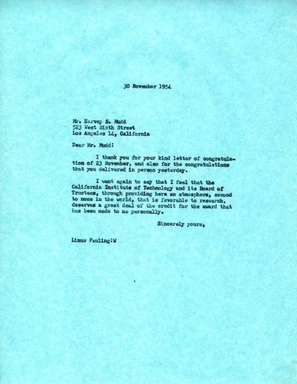 Letter from Linus Pauling to Harvey S. Mudd. Page 1. November 30, 1954