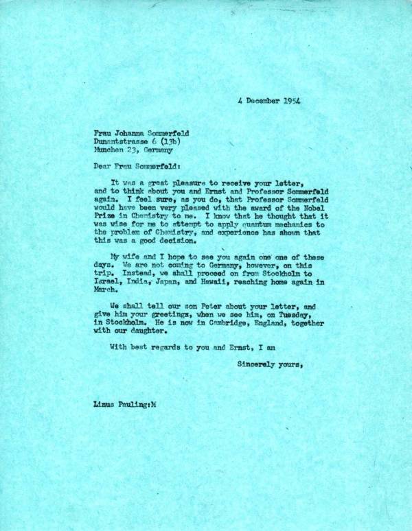 Letter from Linus Pauling to Johanna Sommerfeld. Page 1. December 4, 1954