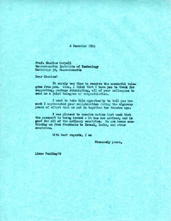 Letter from Linus Pauling to Charles Coryell. Page 1. December 2, 1954