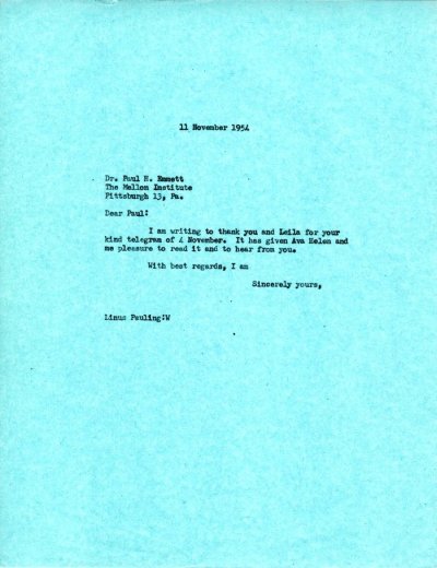 Letter from Linus Pauling to Paul Emmett. Page 1. November 11, 1954