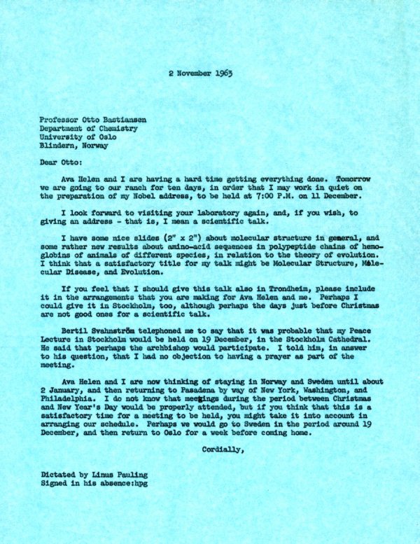 Letter from Linus Pauling to Otto Bastiansen. Page 1. November 2, 1963