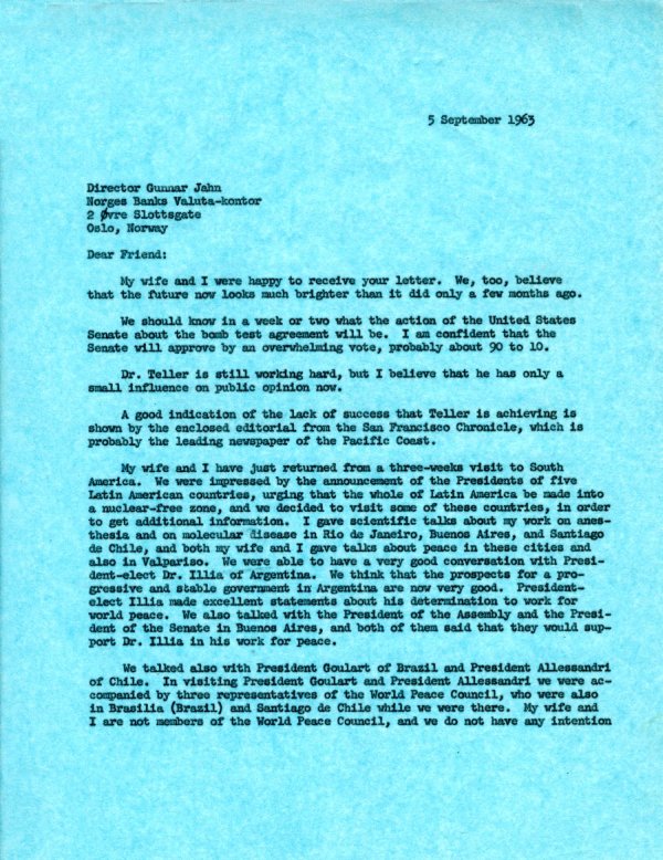 Letter from Linus Pauling to Gunnar Jahn. Page 1. September 5, 1963