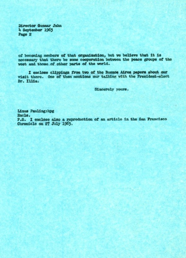 Letter from Linus Pauling to Gunnar Jahn. Page 2. September 5, 1963