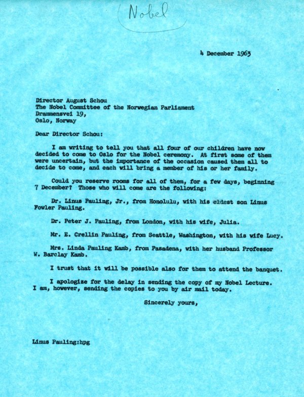 Letter from Linus Pauling to August Schou. Page 1. December 4, 1963