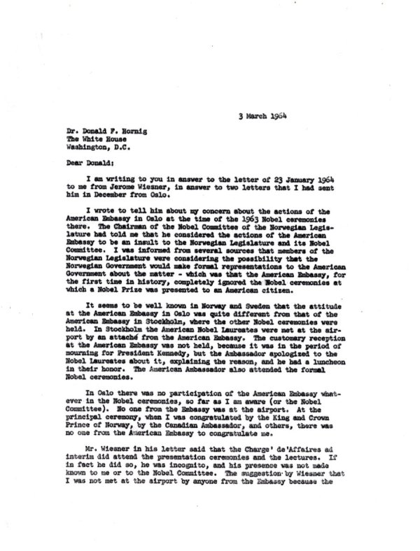 Letter from Linus Pauling to Donald F. Hornig. Page 1. March 3, 1964