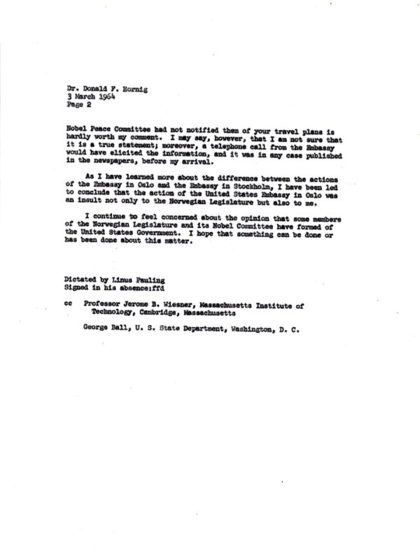 Letter from Linus Pauling to Donald F. Hornig. Page 2. March 3, 1964