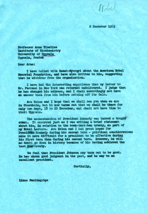Letter from Linus Pauling to Arne Tiselius. Page 1. December 2, 1963