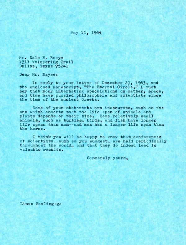 Letter from Linus Pauling to Dale E. Basye. Page 1. May 11, 1963