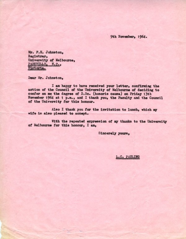 Letter from Linus Pauling F. H. Johnston. Page 1. November 9, 1964