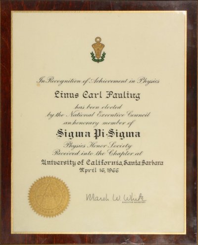 Sigma Pi Sigma, Physics Honor Society Chapter at University of California, Santa Barbara, Honorary Membership, Plaque. Obverse. April 16, 1966