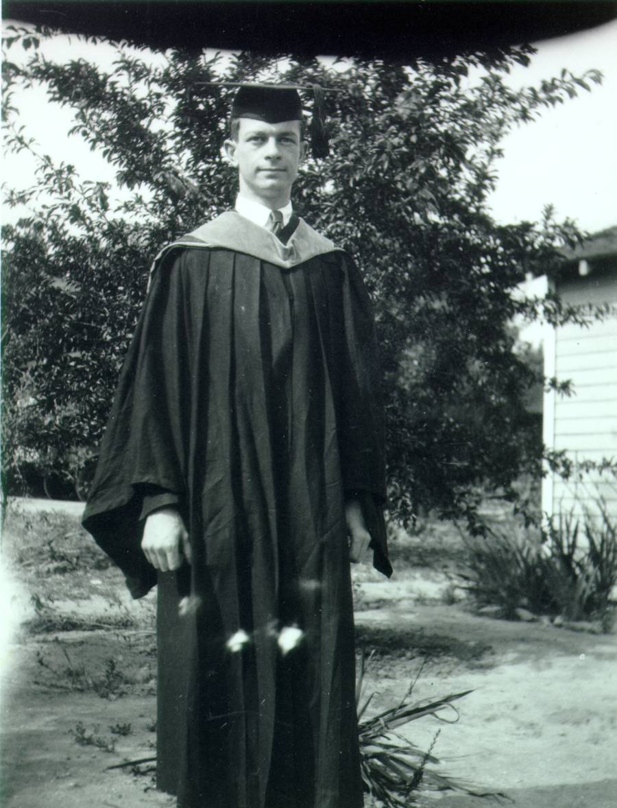 Linus Pauling standing outside after graduation ceremonies, California Institute of Technology.