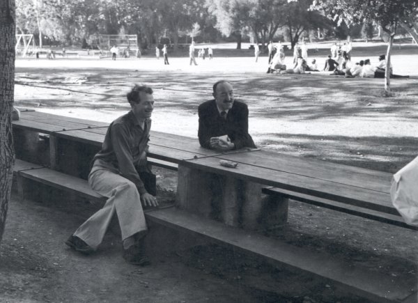 Linus Pauling and Edwin Buchanan at a Caltech Chemistry Department picnic, San Dimas Park.